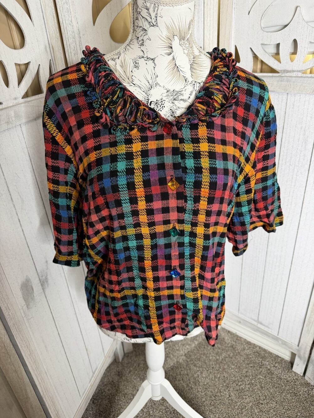Carole Little Colorful Art To Wear Plaid Ruffle VTG 90s Color Buttons Large